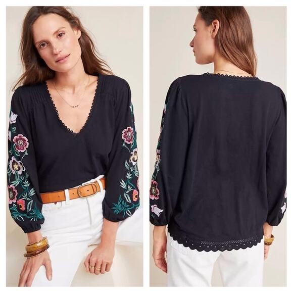 Anthropologie Boho Floral Helene Embroidered V-Neck Peasant Blouse Size XS - Picture 2 of 12